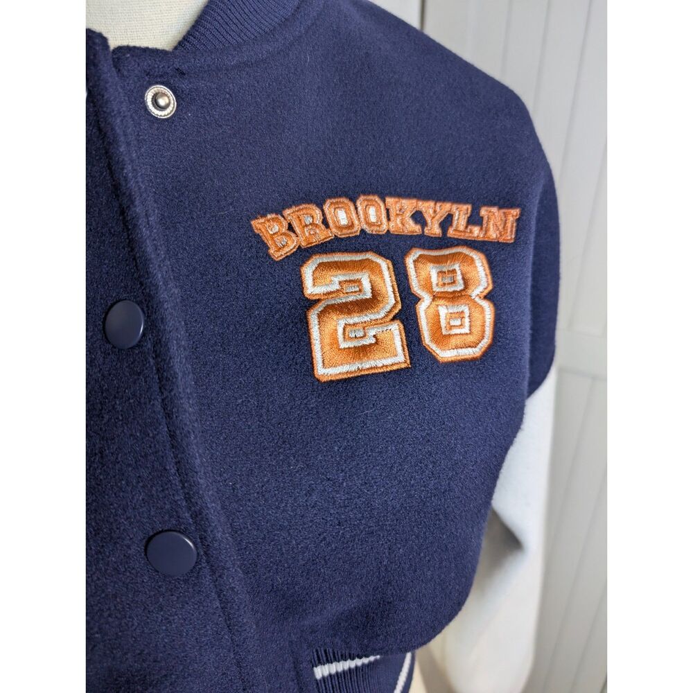 Forever 21 Cropped Varsity Jacket Brooklyn 28 Navy White Wool Blend Small - Picture 4 of 8